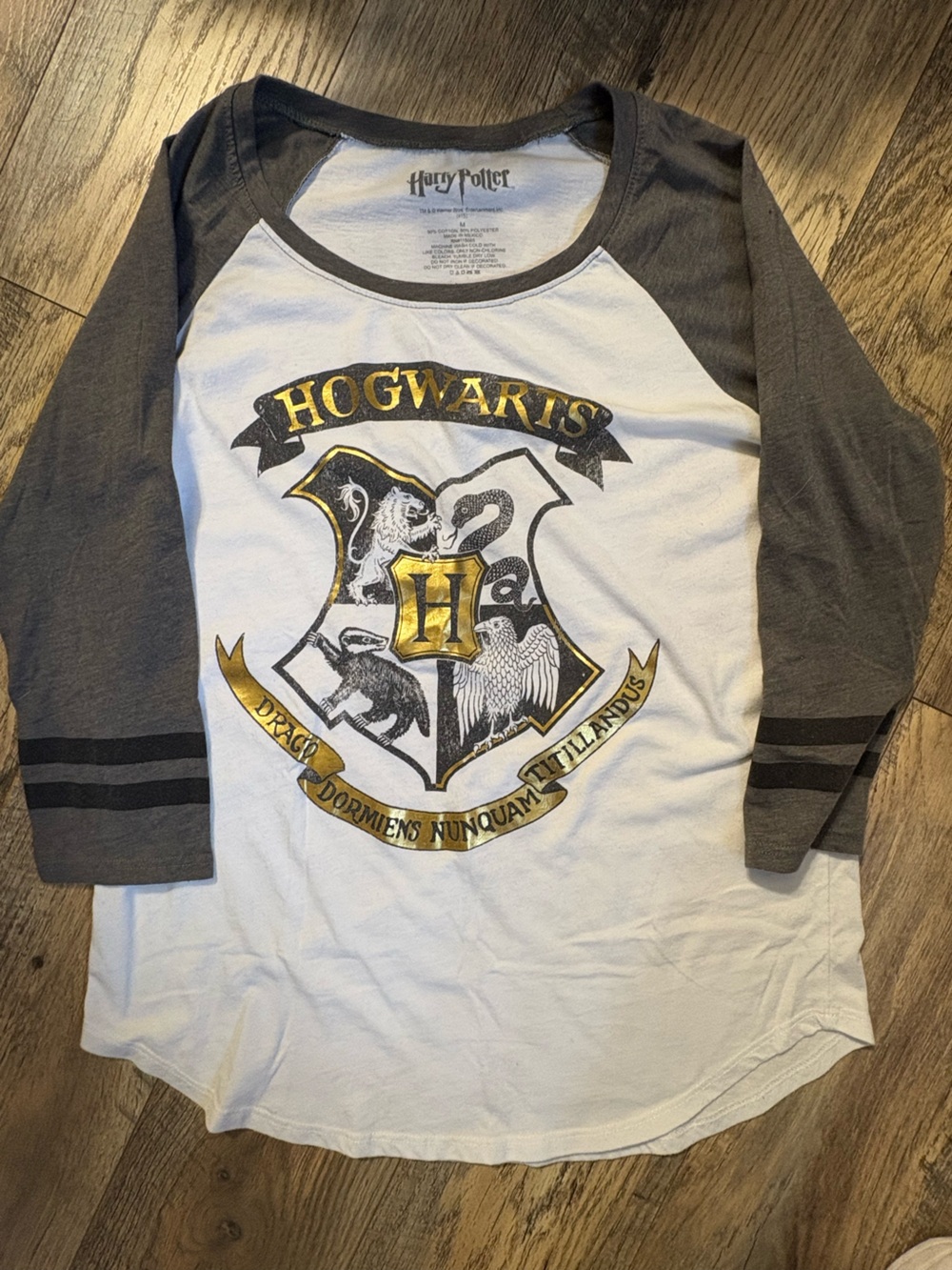 Hogwarts Crest Raglan Tee in White and Charcoal with Gold Accent